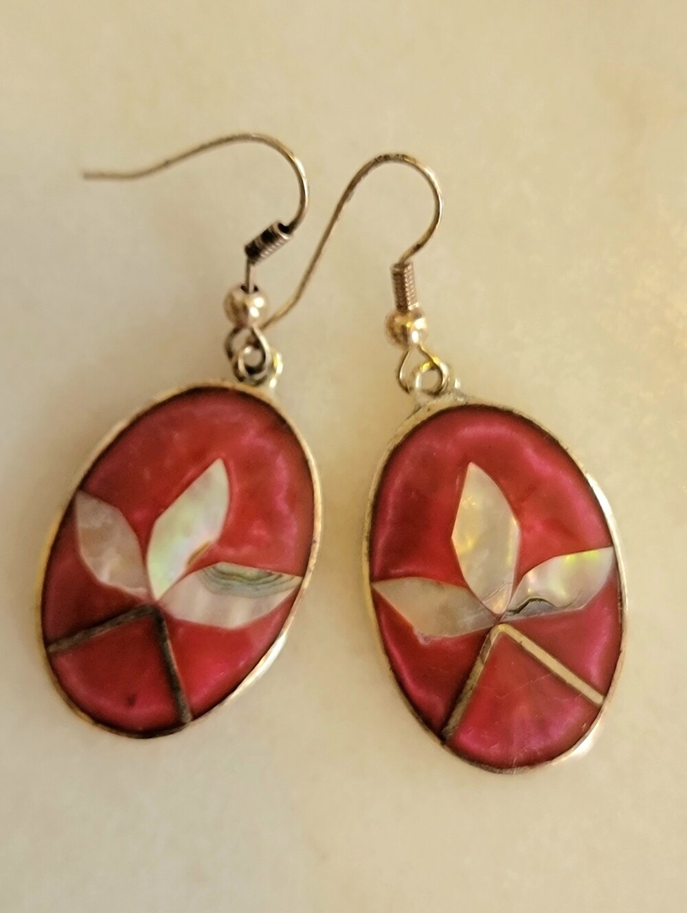 Vintage Mexican Alpaca Silver Abalone Shell Dangle Earrings * Round